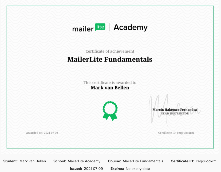 A picture showing my MailerLite Certified certificate awarded in July 2021