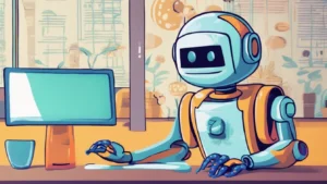 AI generated cartoon AI Assistant / Chatbot / Chat Bot sat at a desk