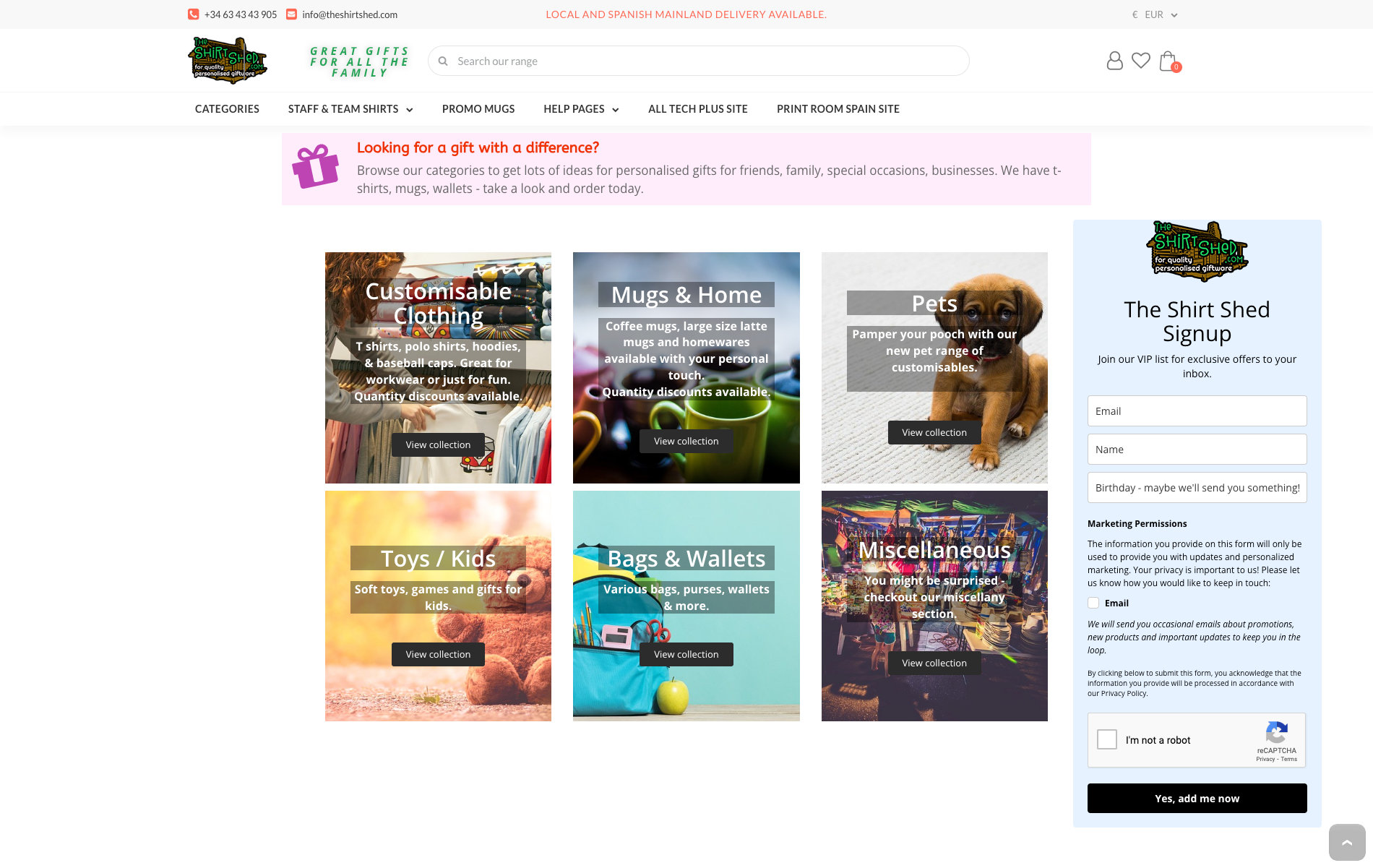 web design portfolio The Shirt Shed - Giftware - online shop - homepage